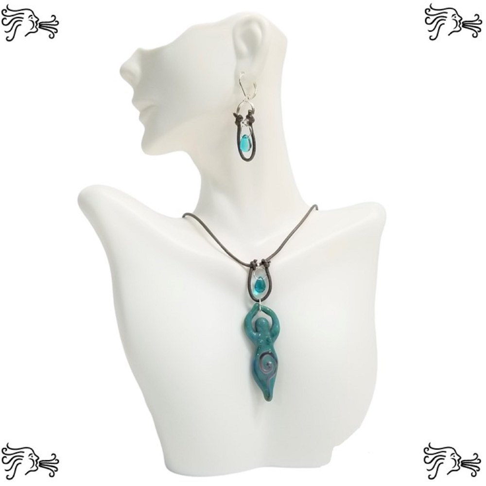 Turquoise Green Glass Goddess Pendant Choker Necklace & Earrings Brown Leather